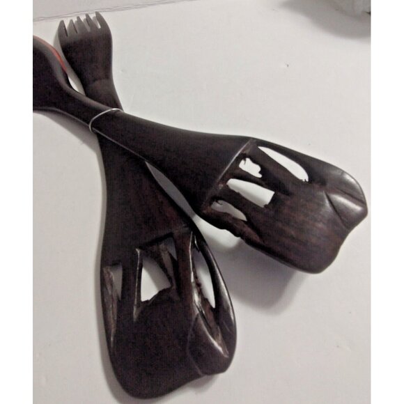 Vintage African Hand Carved Wooden Salad Fork & Spoon 12.5" Elephant  handles - Picture 8 of 10